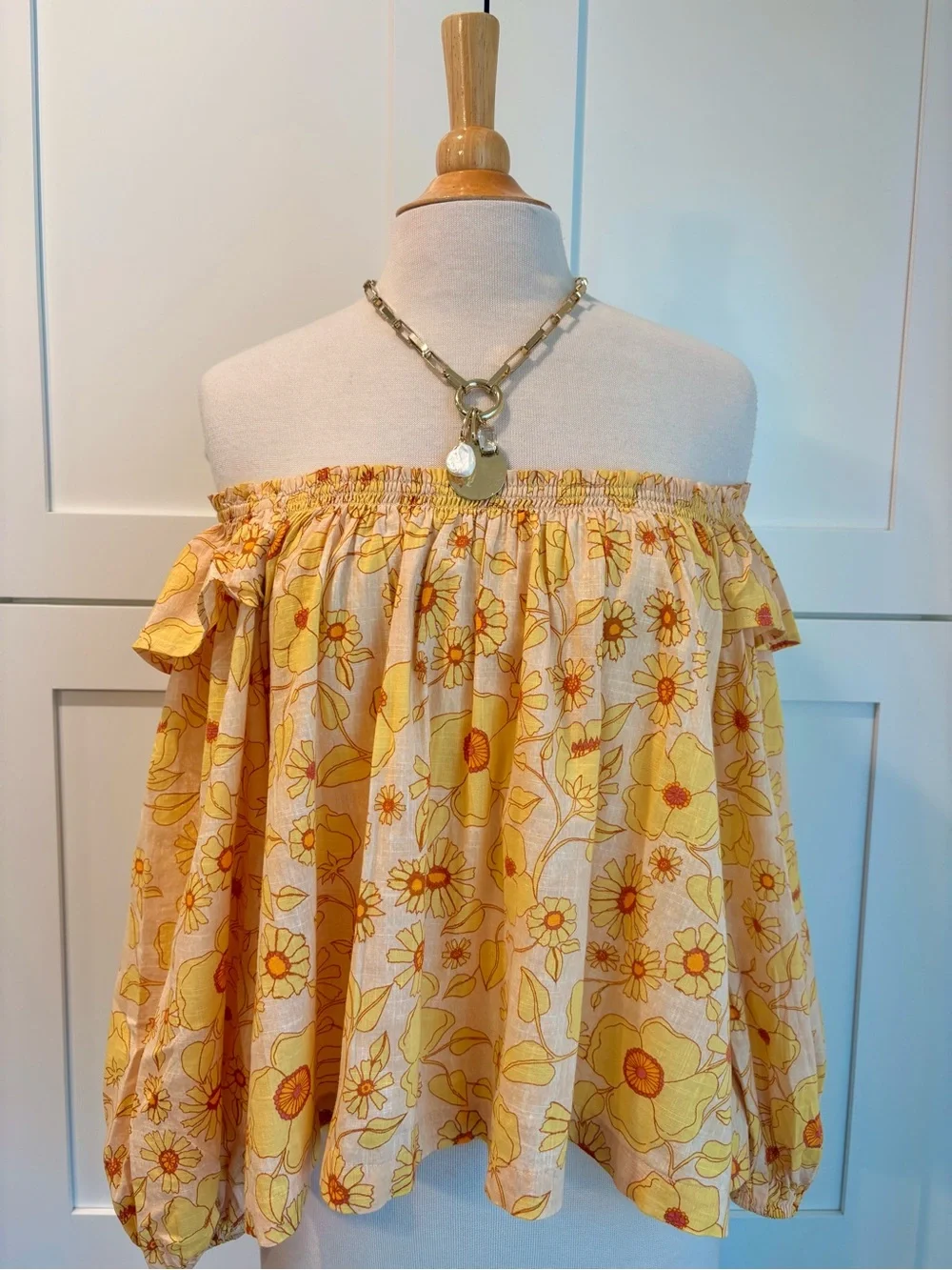 Free People Miss Daisy Floral Off-Shoulder Yellow and Brown Peasant Top Size S